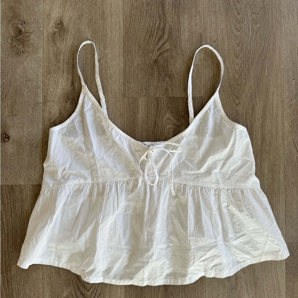 American Eagle Cotton Babydoll Ruffle Tank Top White Cropped Large Tie Front